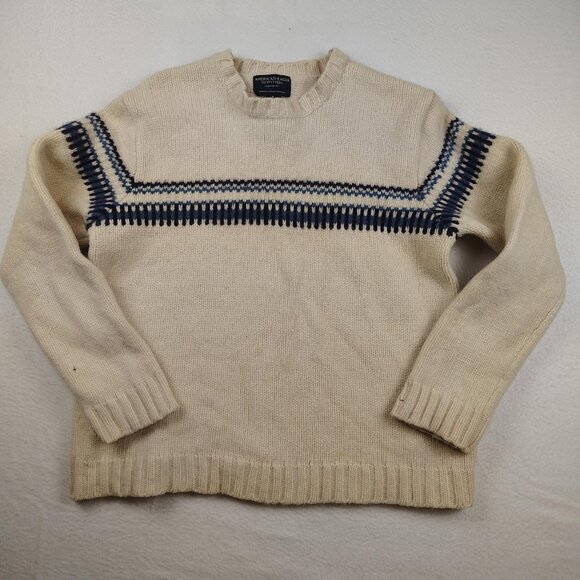 VTG American Eagle Lambswool Sweater Mens M/L/XL Cream Fair Isle Crewneck - Picture 1 of 8